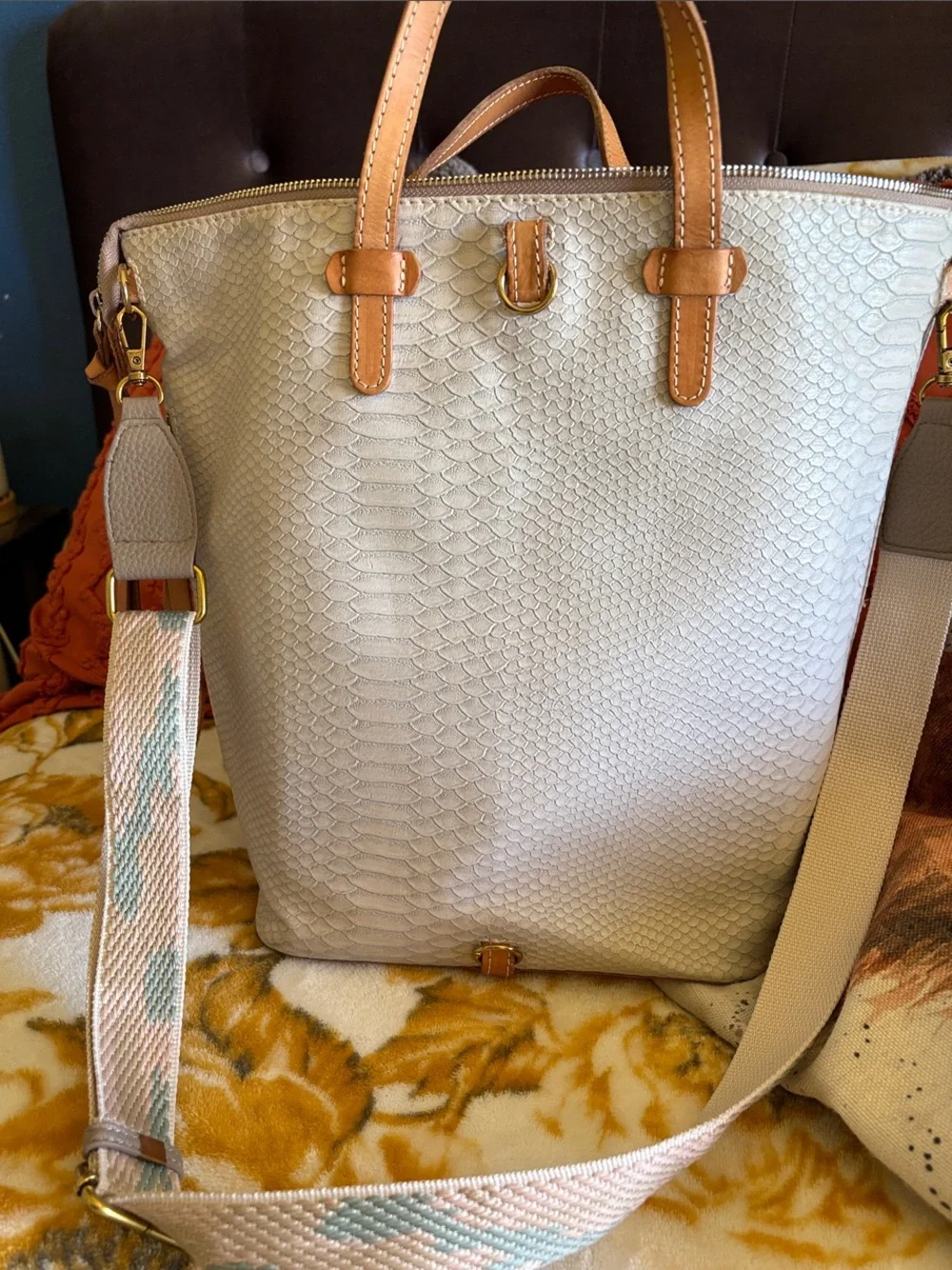 Consuela Thunderbird Cream Textured Tote with Tan Handles and Patterned Strap